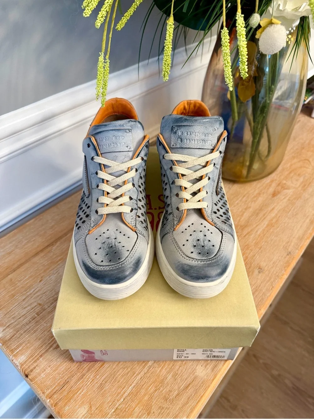 A.S.98 Women's Gray/blue Leather Perforated Low-Top Sneakers